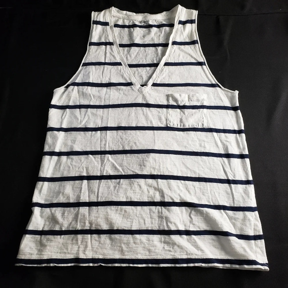 Madewell Whisper Cotton V-Neck Pocket Tank Top Preppy Stripe Bright Ivory Small - Picture 2 of 6